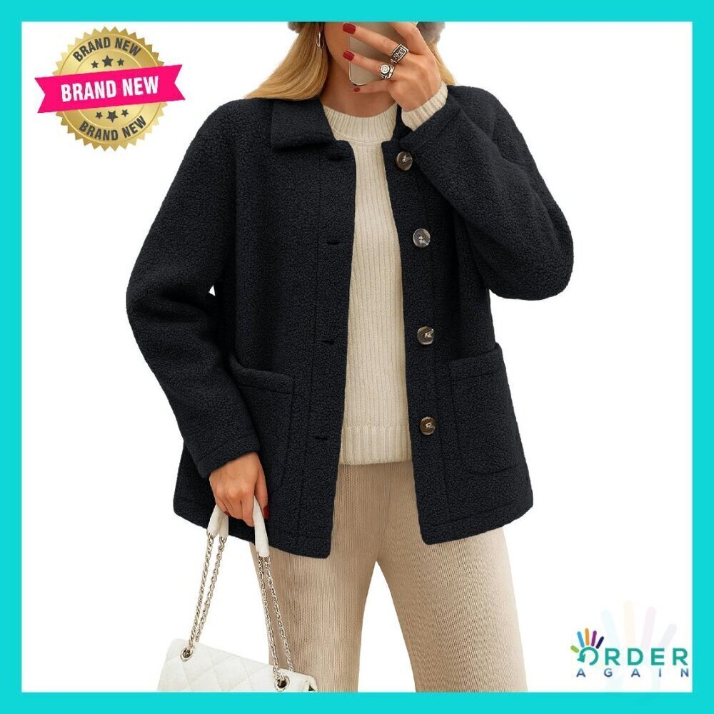 Fleece Sherpa Jacket Button Down Teddy Coat Winter Warm Outerwear with Pockets